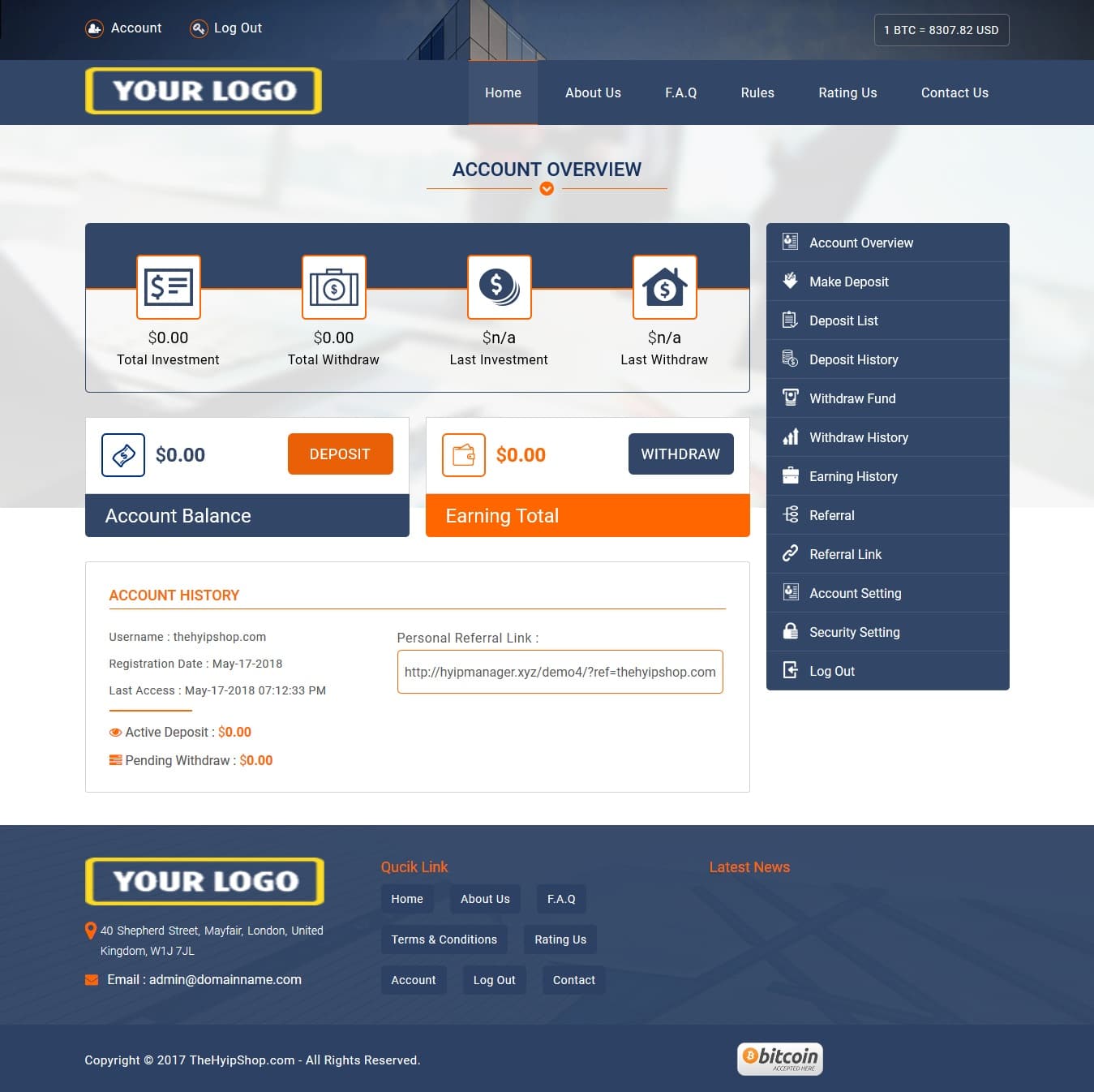 Buy Premium Bitcoin Hyip Script Custom Design Latest Version