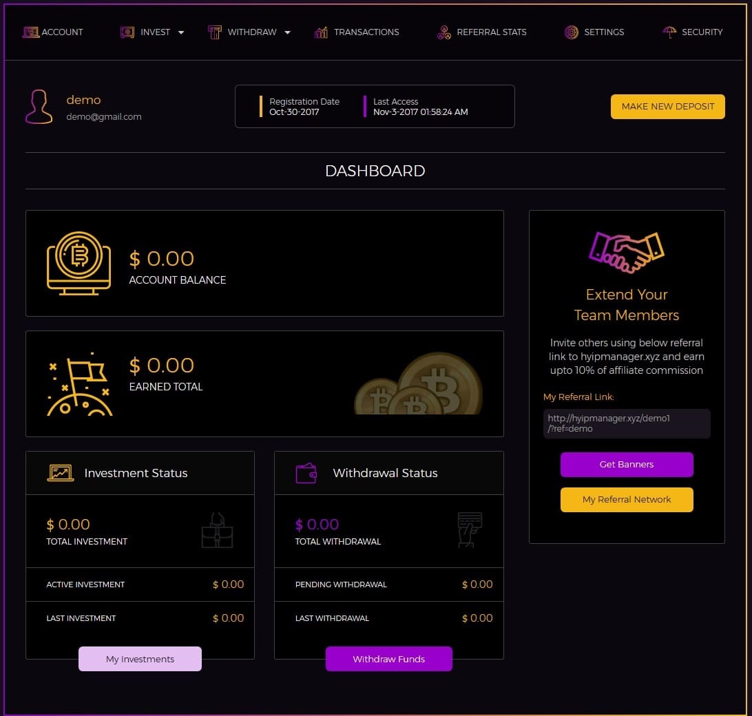 Premium Bitcoin Hyip Script Custom Design Latest Version | Instant Payout